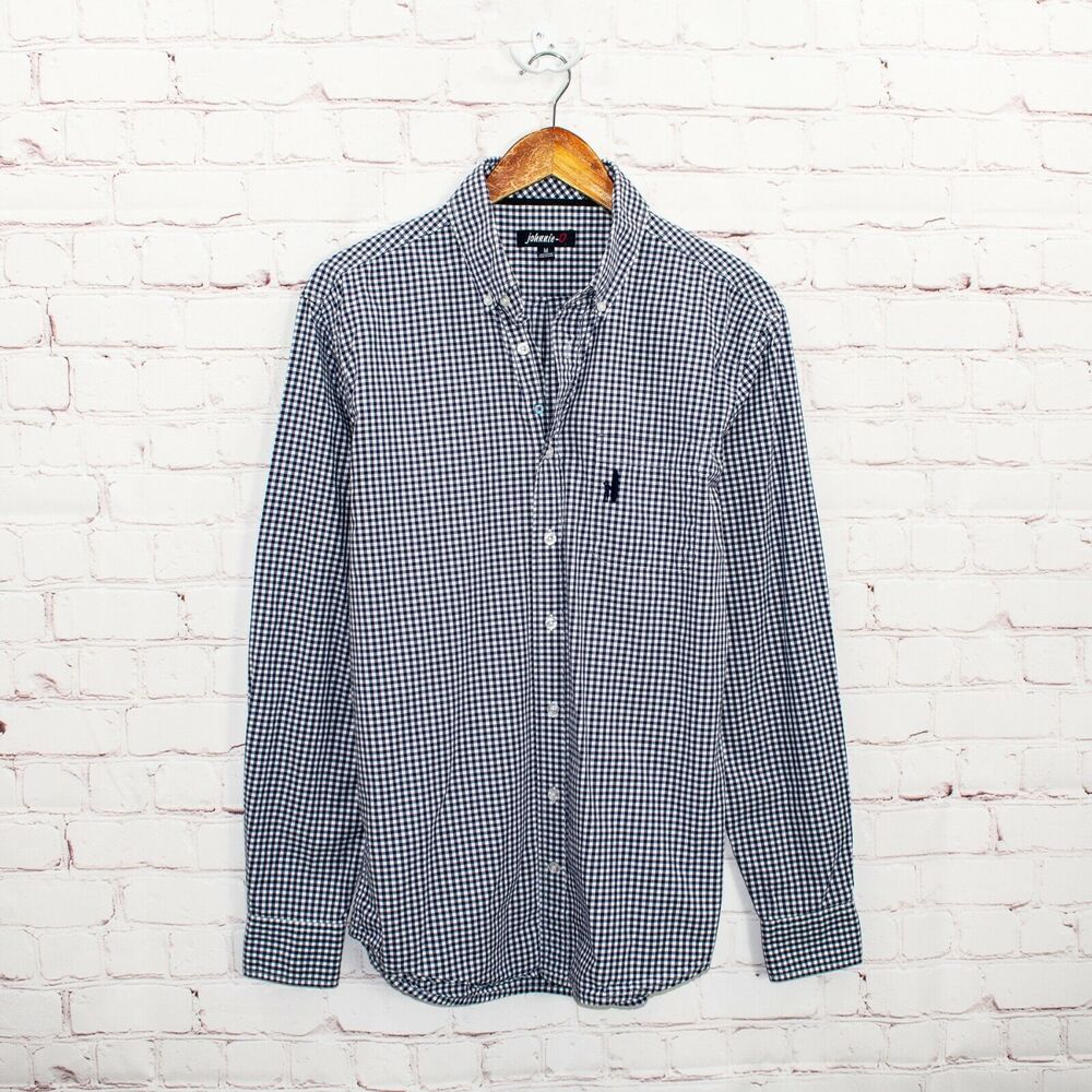 Johnnie-O Button Down Shirt Blue Gingham Check Cotton Sz Medium